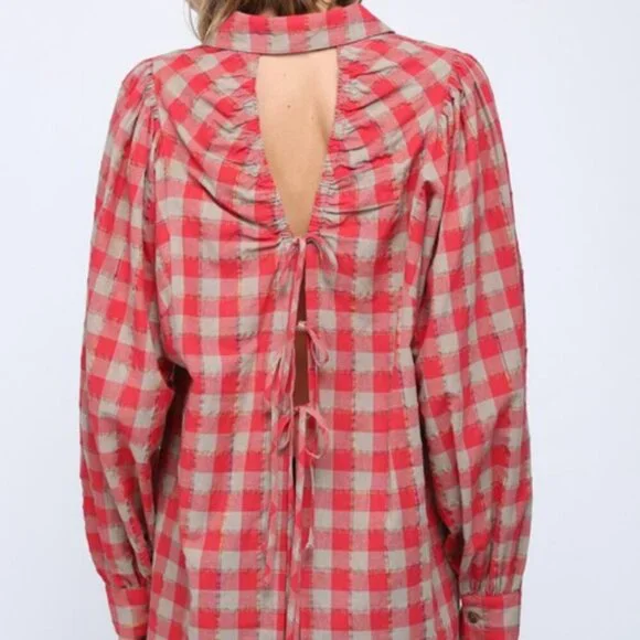 Fate Open Tie Back Top Red/Light Brown‎ Plaid Long Sleeve Size M - Picture 4 of 13